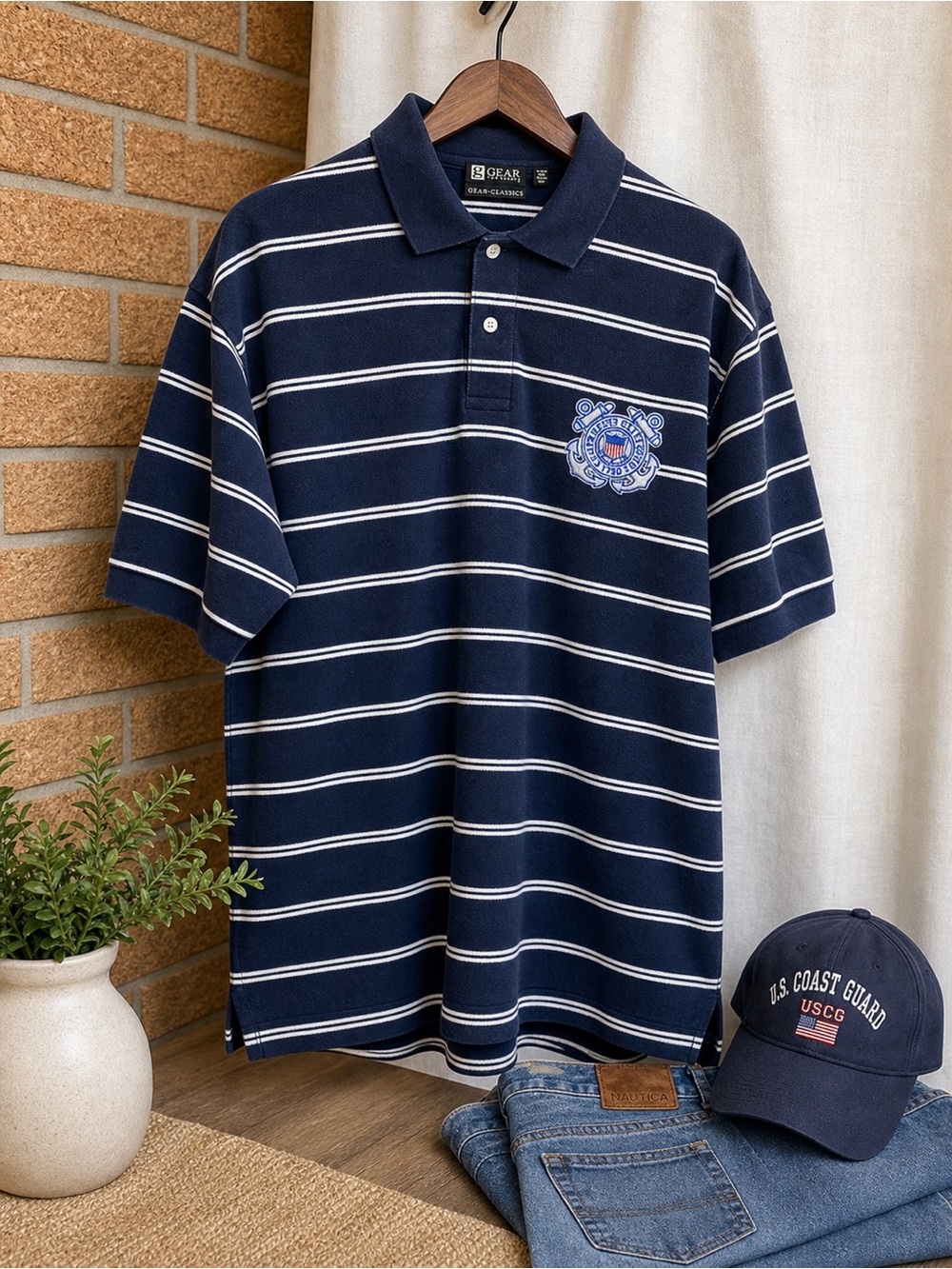 US Coast Guard Polo Shirt Navy White Striped Embroidered Logo Cotton Size Small